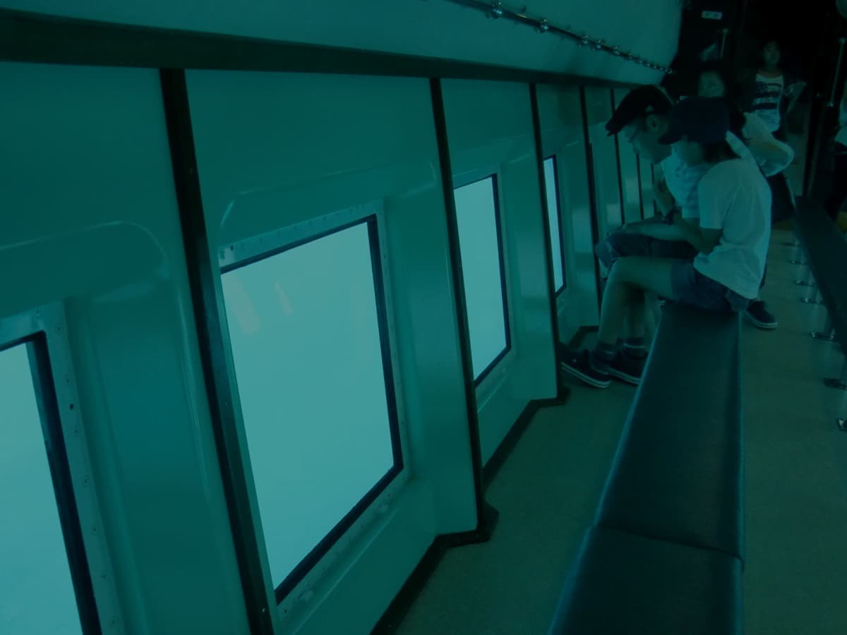 船底のガラス窓から海中を望む